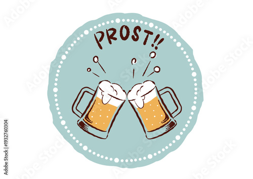 レトロな手描きタッチのビールの乾杯イラスト　丸フレーム　ジョッキ