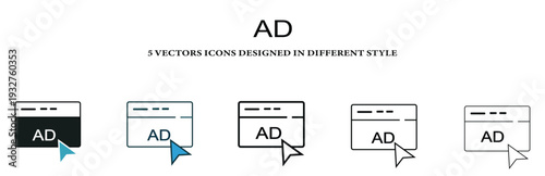 Set of online advertisement icons with mouse cursor featuring various vector styles for web and app design