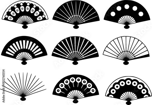 Collection of Black Silhouette Japanese Folding Fans with Diverse Patterns White Background