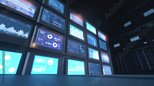 Multiple computer screens displaying various data and graphs in a dark control room