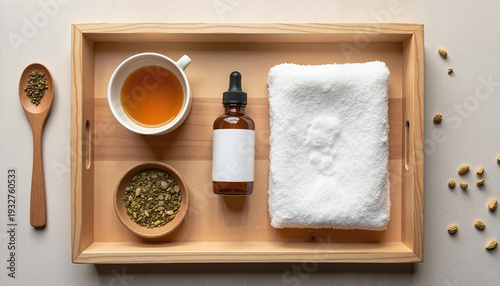 Wellness products on tray with herbs and tea
