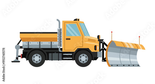 Yellow snow plow truck with salt spreader, isolated on white background.