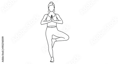 Woman performing tree pose yoga a minimalist line drawing on a white background