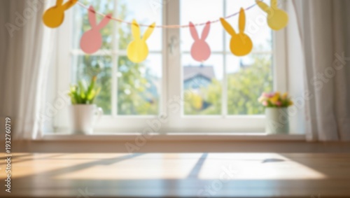 Painted colored Easter eggs and bunny on the desk, AI generated image