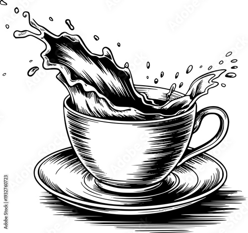 Dynamic Coffee Splash Black and White Line White Background saucer liquid