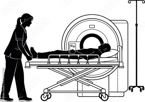Medical Technician Preparing Patient for MRI Scan or CT Scan. Male Patient on Hospital Gurney entering Magnetic Resonance Imaging Machine for Diagnostic Radiology and Healthcare Screening.