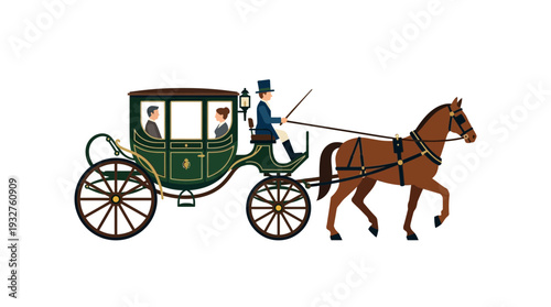 Horse-drawn carriage with passengers and driver, classic transport, isolated on white