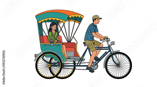 Man driving a rickshaw with woman passenger, isolated on white.