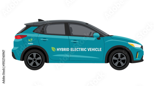 Modern hybrid electric vehicle, teal color, eco-friendly transport concept
