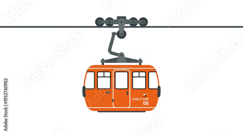 Orange Cable Car Cabin on Wire Against White Background
