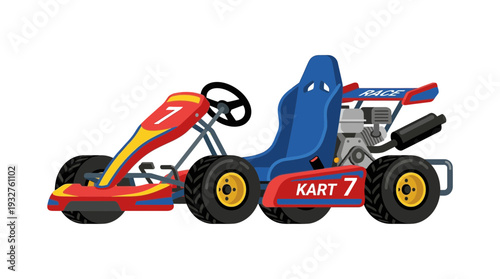 Red and blue go-kart with number 7, isolated on white background