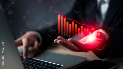 Stock market downturn and financial recession concept with declining red graph, Revenue loss, economic slowdown, investment risk, inflation pressure, and business volatility management strategy.