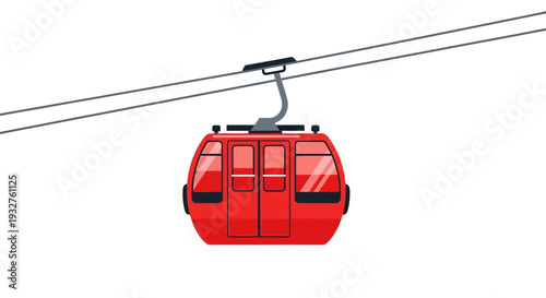 Red cable car cabin suspended on wires against white background