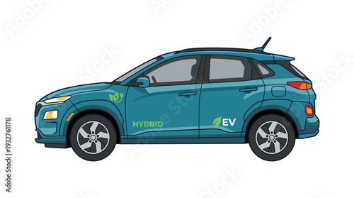 Teal hybrid electric SUV car, side view, isolated on white background