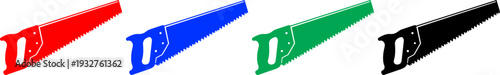 Hand saw icons in red blue green black colors on transparent background carpentry tool collection set