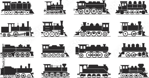 Black silhouette vector illustration of vintage steam locomotives in multiple designs symbolizing historical railway transportation retro train technology mechanical engineering artwork