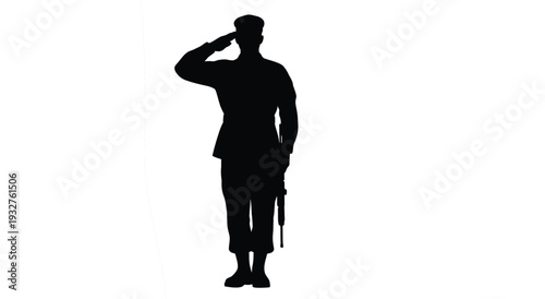 Silhouette of a soldier in uniform giving a salute against a white background