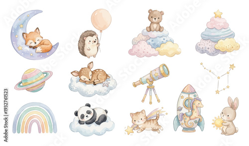 Watercolor nursery space clipart set with cute animals, clouds, rainbow, rocket and telescope. Collection of Vector illustrations. Perfect for invitation, card, poster, banner, decoration