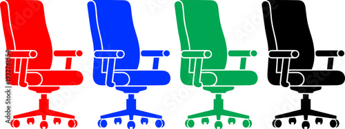 Office chair icon collection in four colors isolated on transparent background for interior projects