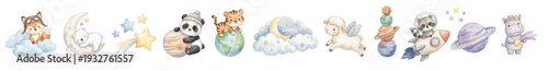 Cute watercolor galaxy set with panda, planet, raccoon astronaut rocket, fox pilot and owl star. Collection of Vector illustrations. Perfect for invitation, card, poster, banner, decoration
