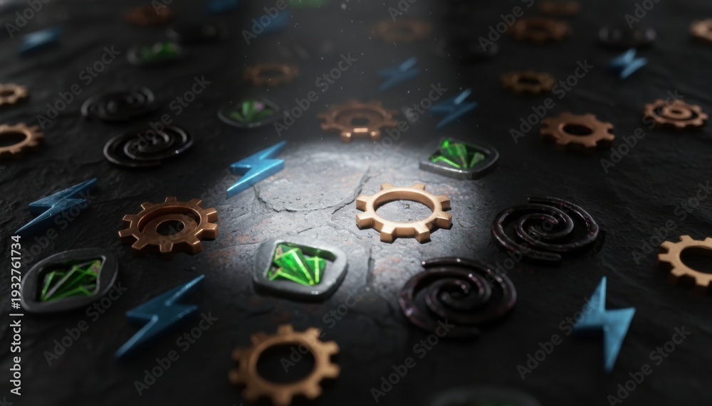Naklejka premium Collection of shimmering metallic game resource icons including gears and gems with ethereal lighting