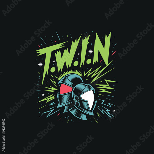 T.W.I.N text with knights helmets and lightning bolts