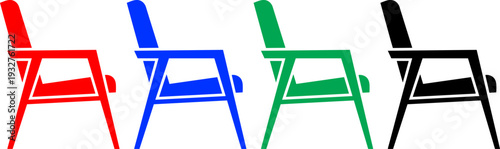 Four chairs in red blue green black colors isolated on transparent background for seating and furniture