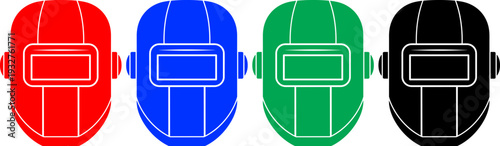 Four welding masks in red blue green black colors isolated on transparent background for protection