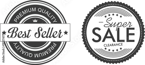 Two black and white best seller and super sale stamps on a white background
