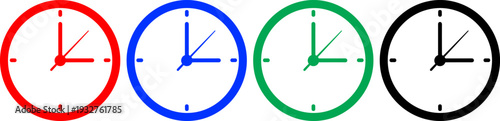 Four clocks in red blue green black isolated on transparent background representing time passing and appointments