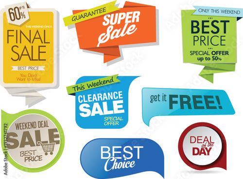 A collection of colorful sale and discount stickers