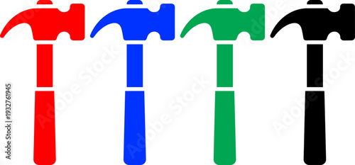 Set of hammer tool icons in red blue green and black colors isolated on transparent background vector