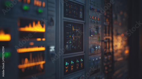 Close-up of audio control panel with colorful LED levels and switches