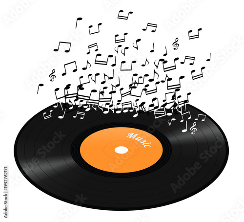 Abstract vinyl record with notes, transparent background