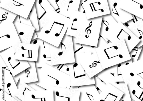 Scattered paper cards with black musical notes and treble clef symbols representing music