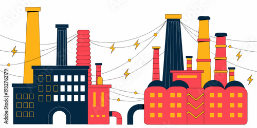 Vibrant factories with colorful chimneys and festive lights in the background