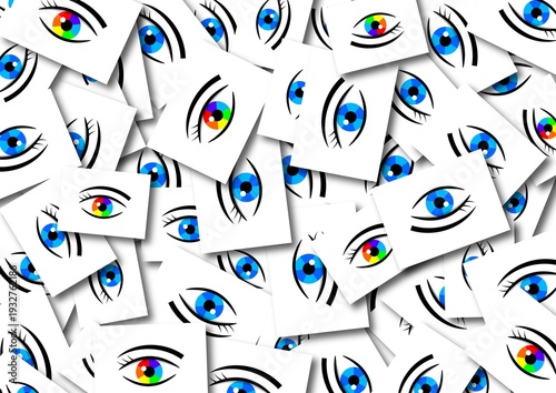 Scattered paper cards with stylized eye symbols