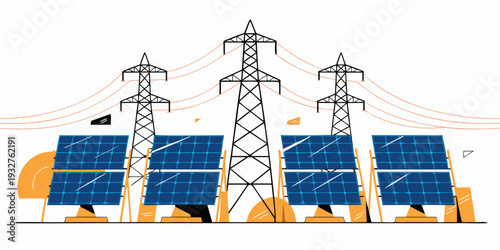 Solar panels and power lines working together to generate electricity