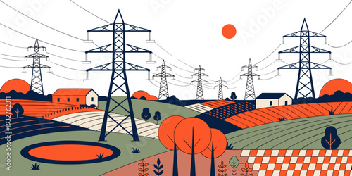 A vibrant scene of people enjoying a picnic in a park with power lines overhead