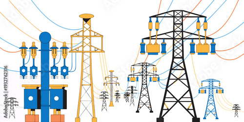 A vibrant illustration showcasing various industrial and scientific icons and symbols.