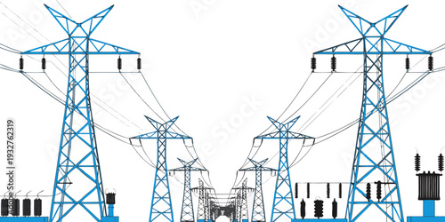 Three towering electrical transmission towers standing tall against a clear sky