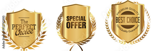 Golden badges with promotional text on white background