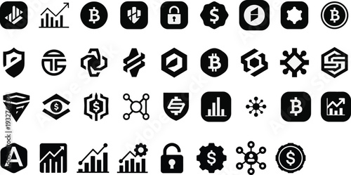 A professional black vector set of business web icons and round button symbols featuring a variety of computer numbers and signs for internet design and money illustration