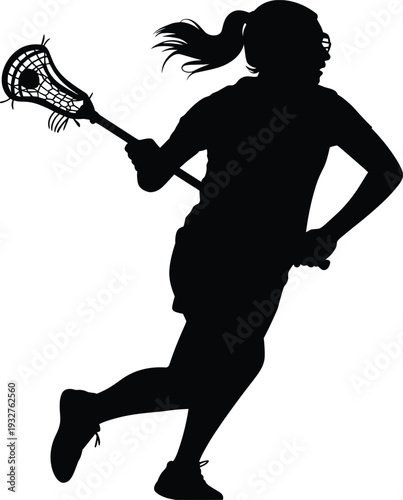 Lacrosse player silhouette icon in motion with stick dynamic athletic team sports theme - black vector illustration set