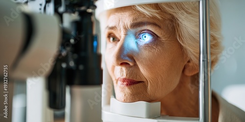An elderly woman undergoes an eye examination using modern medical equipment. Background on vision screening, eye health, diagnostics, healthcare, senior wellness, and medicine