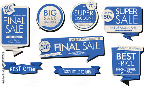 A collection of blue and white sale stickers and signs