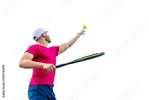 Tennis player serving ball, preparing for overhead shot during match. PNG