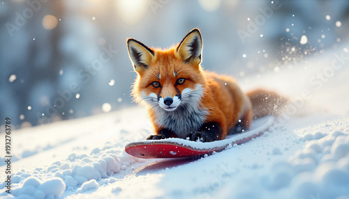 Fox snowboarding on snowy landscape
