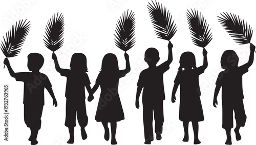 Children holding palm branches silhouette illustration vector for holy week celebration