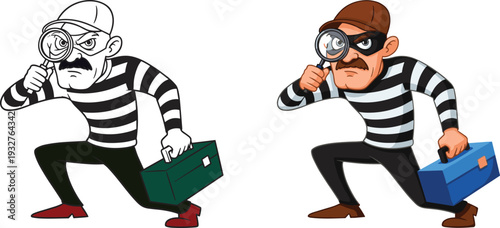 Cartoon Thief Character with Magnifying Glass and Toolbox, Burglar Vector Illustration Isolated on White Background